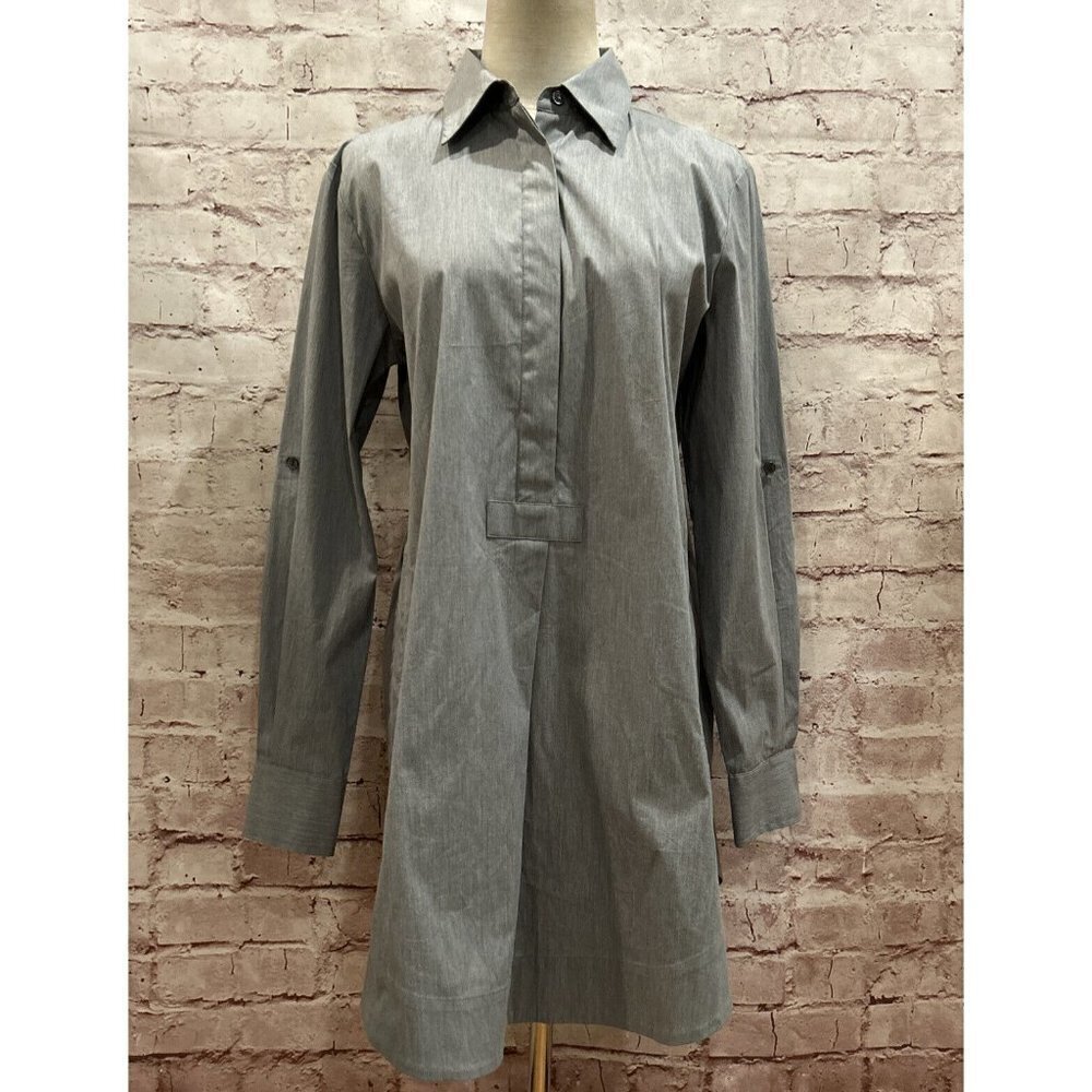 Lafayette 148 Gray Stretch Cotton Poplin Tunic Popover Blouse Pockets Size 4